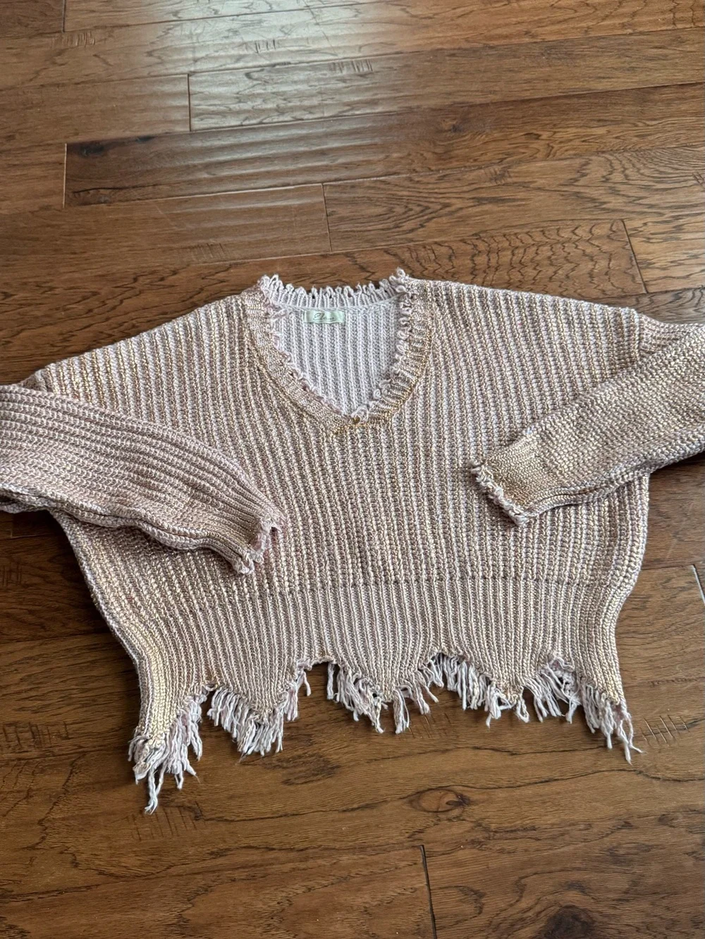 Elan Rose Pink Metallic Distressed Sweater